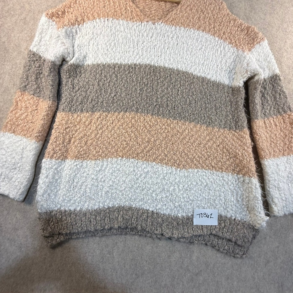 Davi & Dani Womens Popcorn Knit Striped V-Neck Sweater Neutral Tan Grey Cream M - Picture 3 of 7
